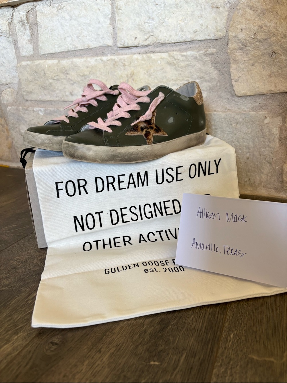 Golden Goose Superstars Olive Green Sneakers with Pink Laces and Leopard Star